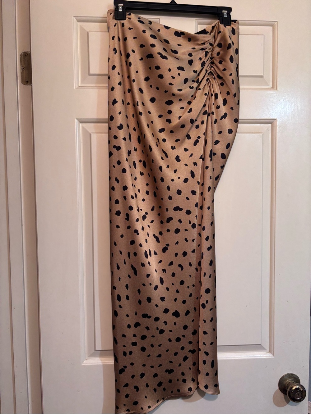 Tan Satin Maxi Skirt with Black Spot Print